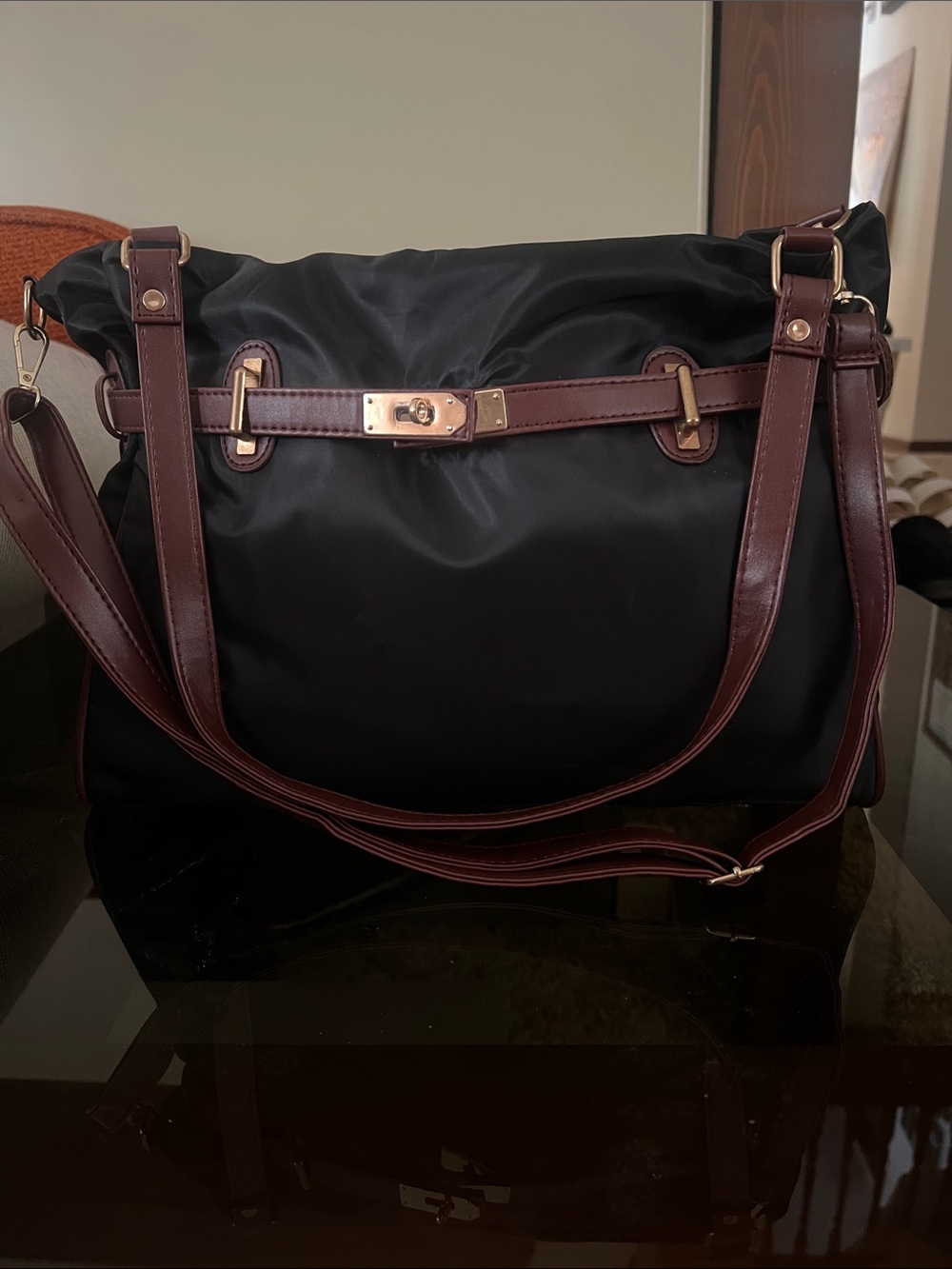 Black and Brown Tote Handbag with Gold Hardware